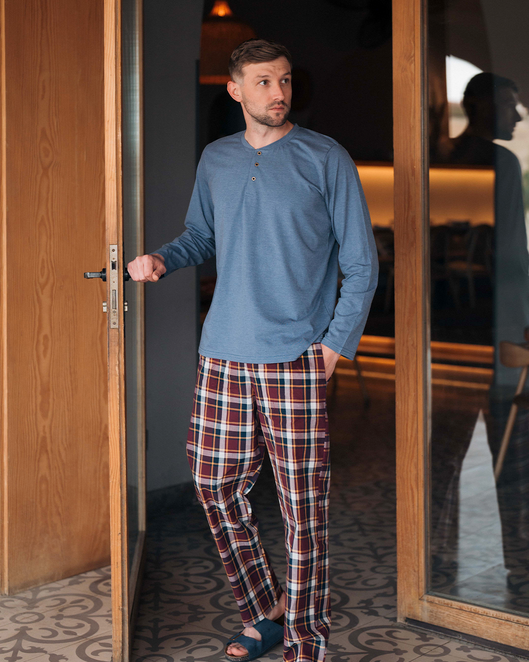 Men's plaid pajamas with buttons