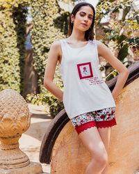 بيجامه حريمي توب كت كتف دانتيل طباعة مربع وردة شورت وردة نبيتي