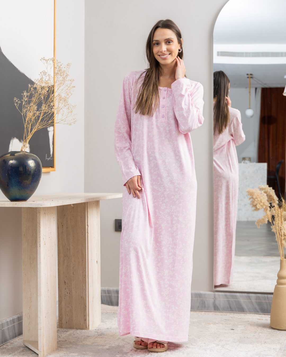 قميص نوم حريمي طويل بكم راوند بزراير طباعه فراشات