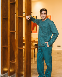 Men's plain dyed-printed pajamas, long-sleeved dyed-printed jacket with a round neck and buttoned collar