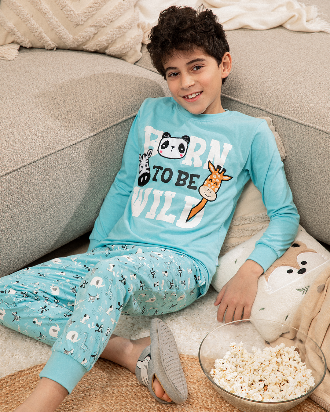 Born to be wild بيجاما اطفالي اولادي كم طويل قطن% *بنطلون قطن مطبوع