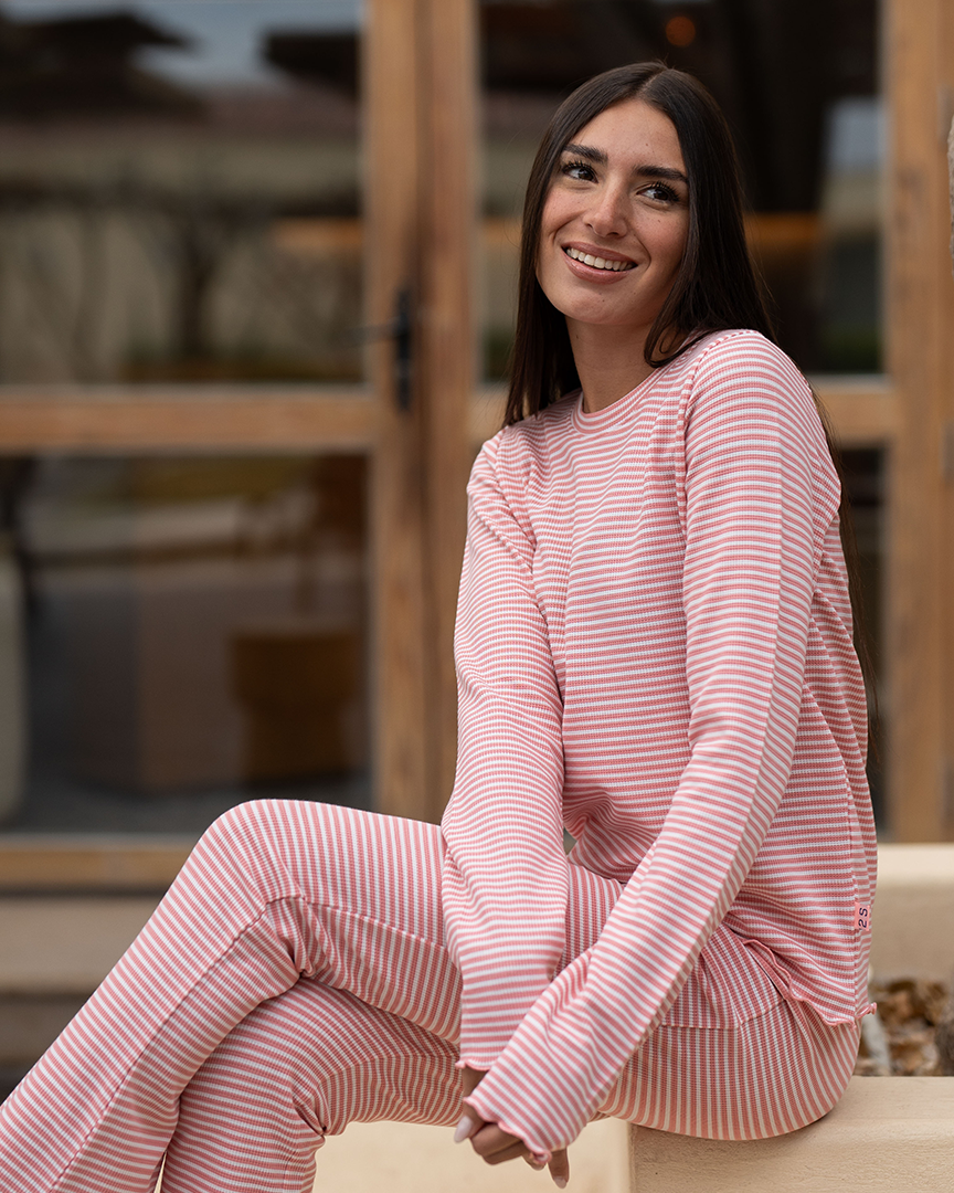 Striped waffel Women's pajama stripe waffle long sleeve