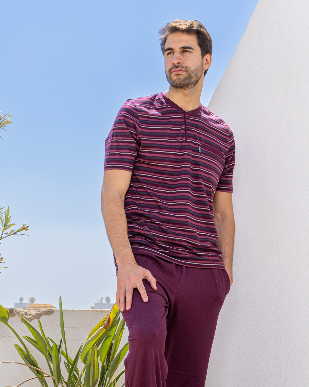 Men's pajamas, rhubarb, chest pocket, plain pants