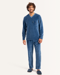 بيجاما رجالى قطيفة ساده رقبة V جيب على الصدر