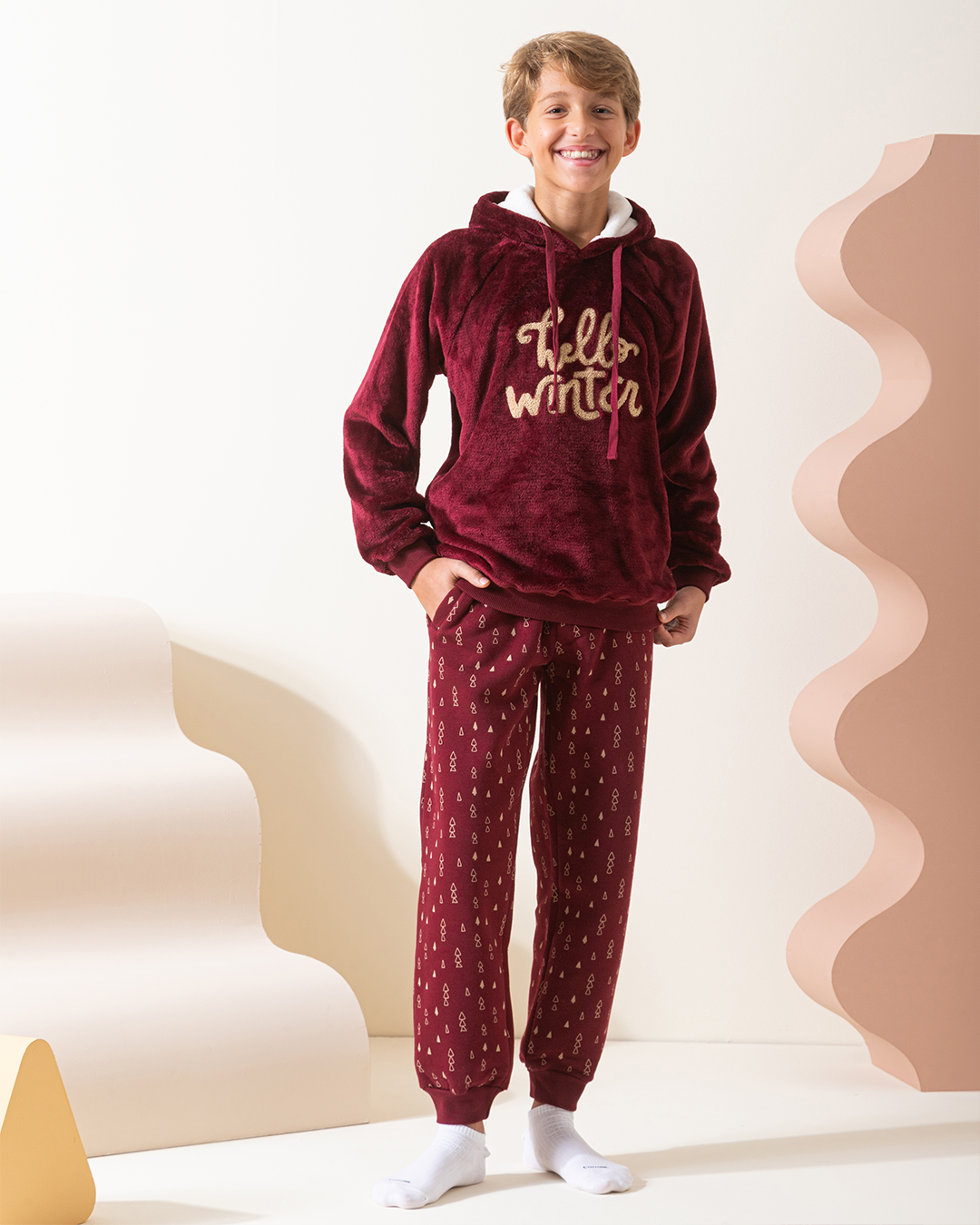 Hello winter boys hooded pajamas 