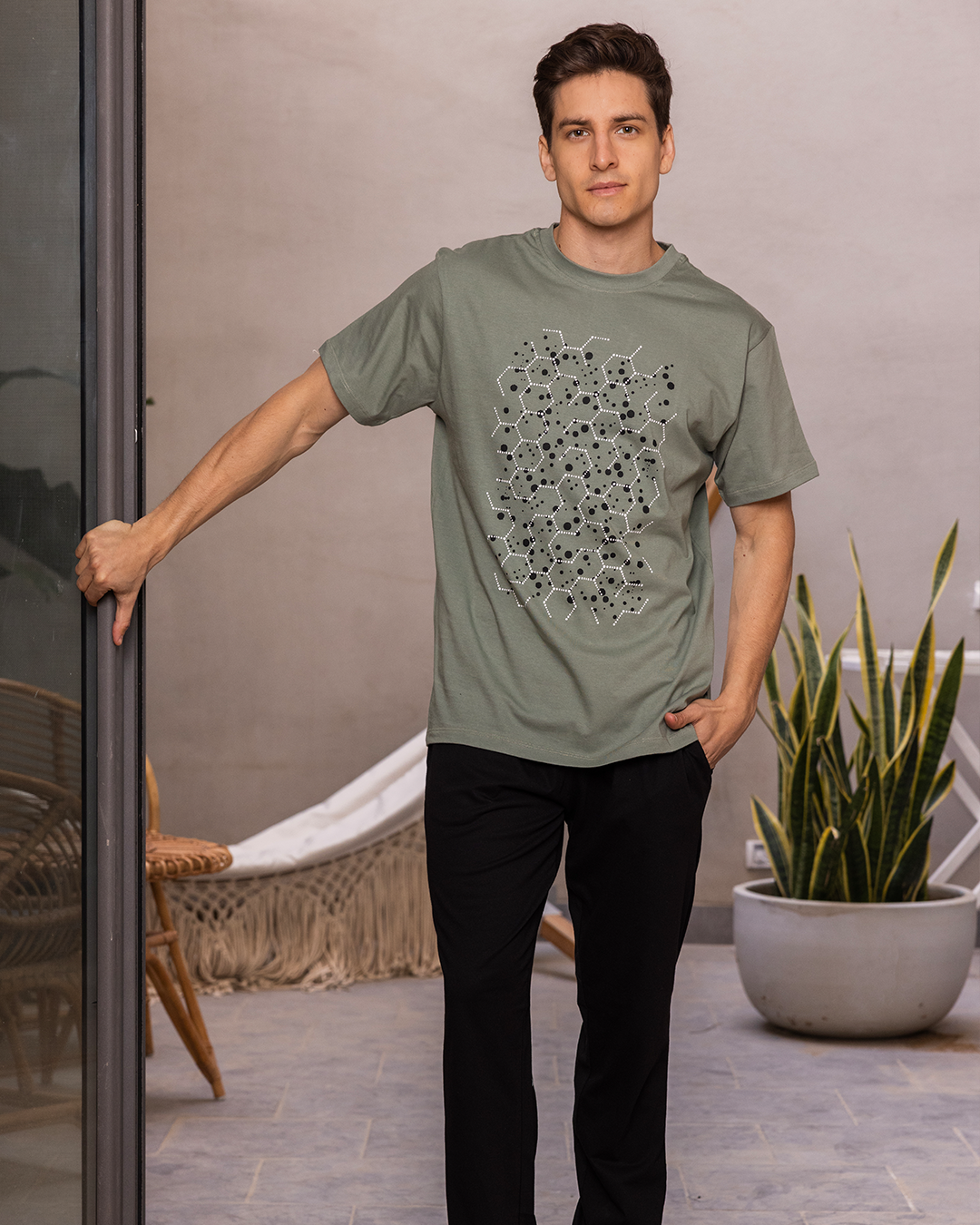Men's half-sleeve pajamas, snap-cell pants