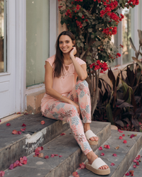 bem me guero Women's pajamas Long floral trousers Half-sleeve T-shirt Open on the chest Flower embroidery