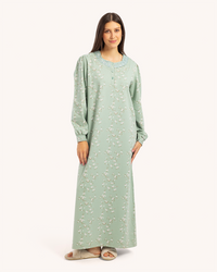 قميص نوم حريمى مطبوع بكم طويل راوند بدانتيل و مرد بزراير