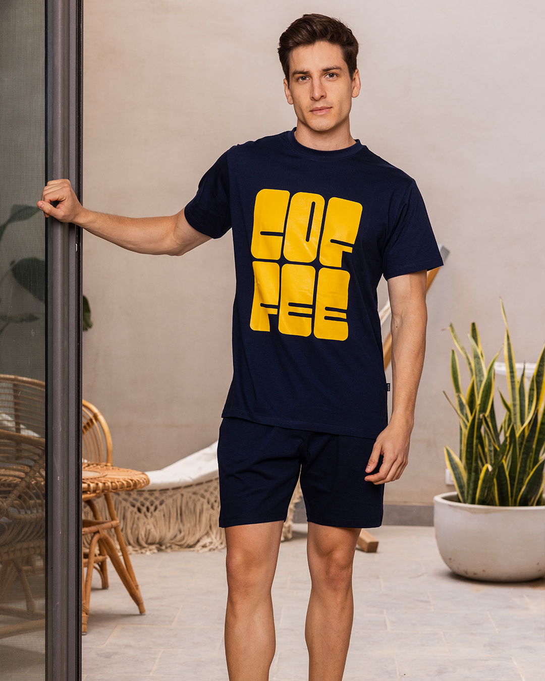 Coffee shorts, men's pajamas, half sleeves, round neck