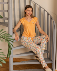 بيجاما حريمي ربع كم فتح ازرار بنطلون طويل  رباط طباعة فروع شجر