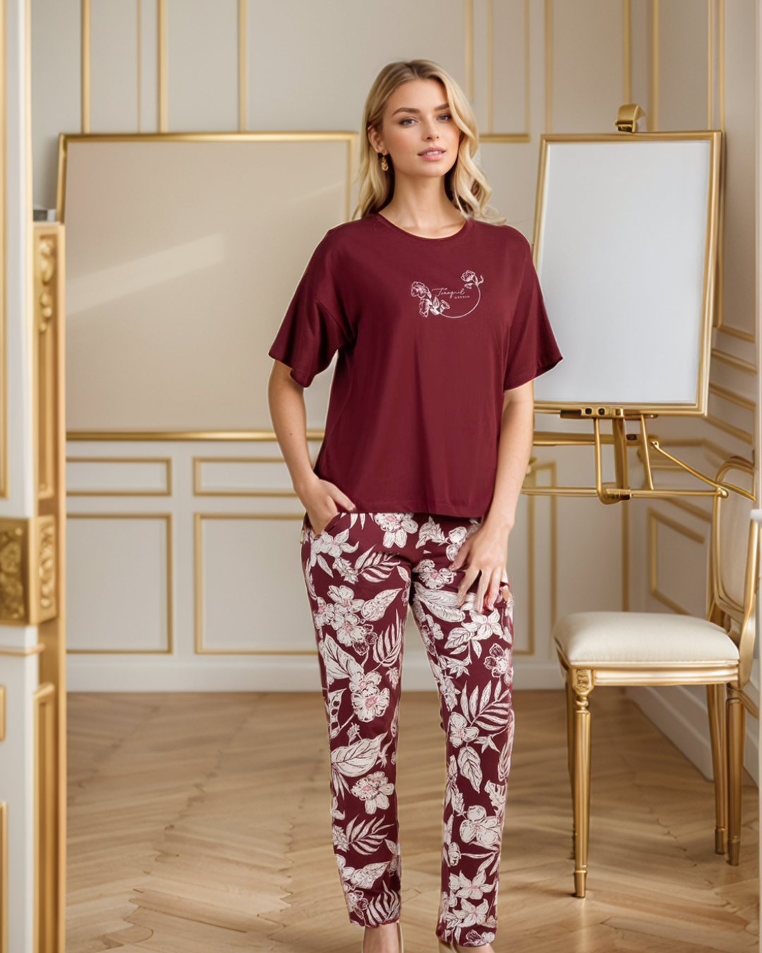 Women's pajamas, text, how much and tree trousers