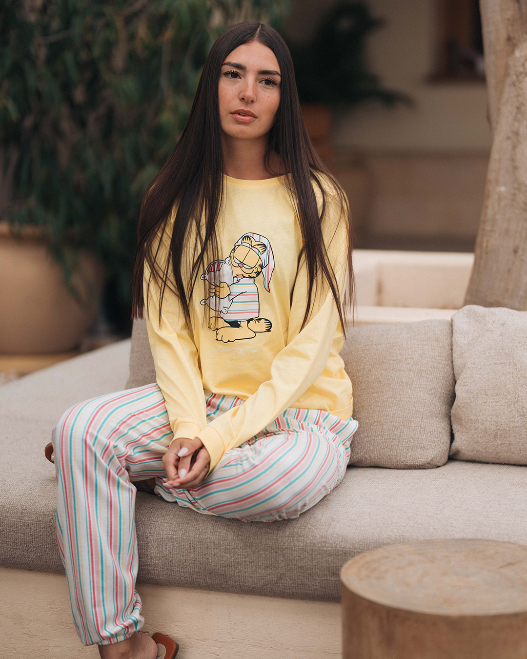 Lets Sleep بيجاما حريمي قطن كم طويل  *بنطلون سترايب