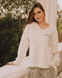 Women's pajamas, seven-sleeved T-shirt with a yoke and striped pants with a drawstring, heart print on the chest