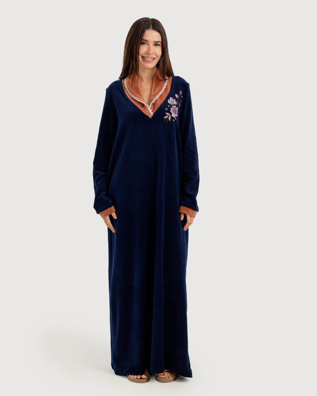 Women's Velvet Shirt with Embroidered Rose Collar
