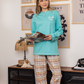 Plain women's pajamas * plaid fabric, plain long-sleeved jacket with a round neck and buttoned collar