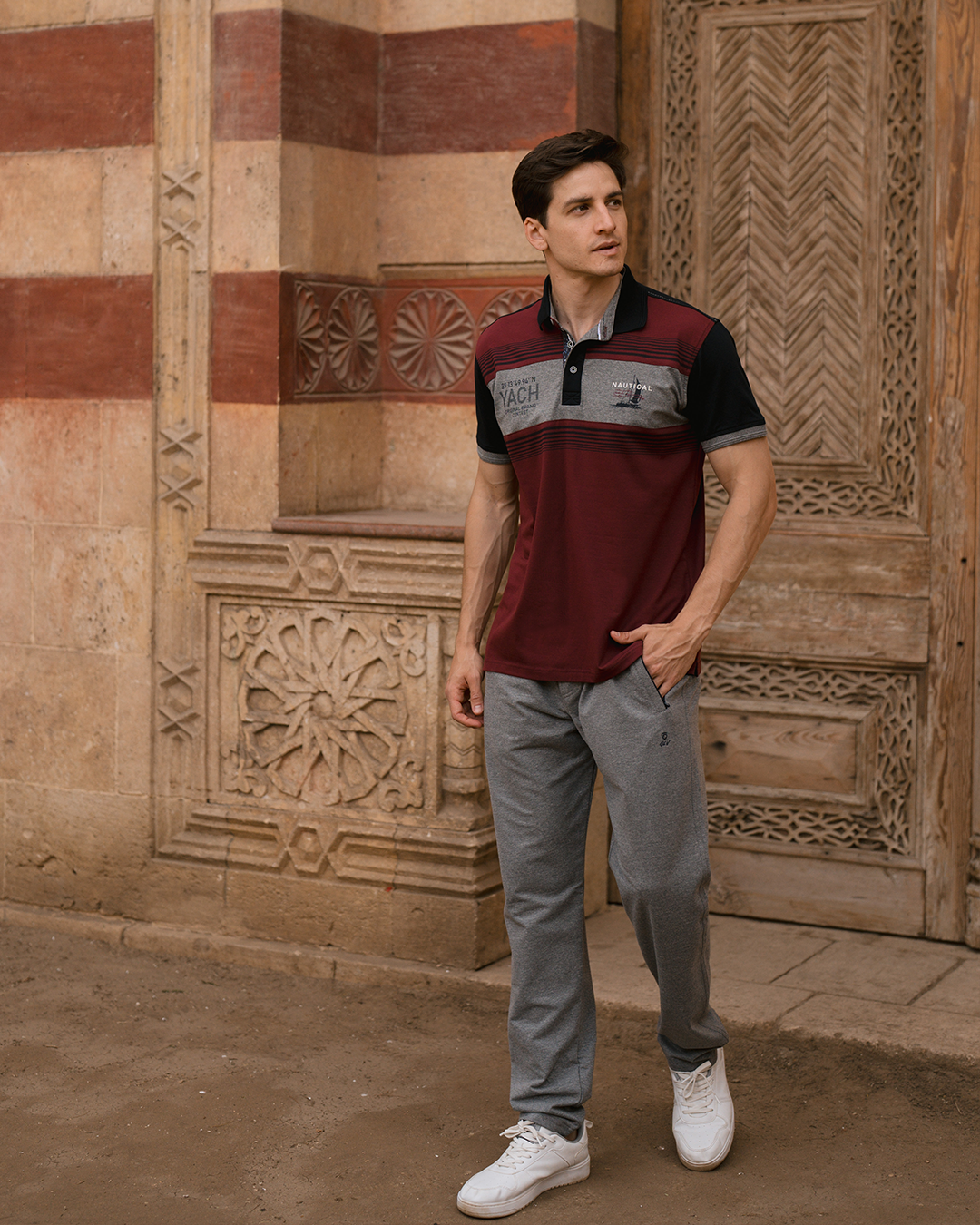 Nautical YACH بيجامه رجالي ياقة بزراير طابعة علي الصدر