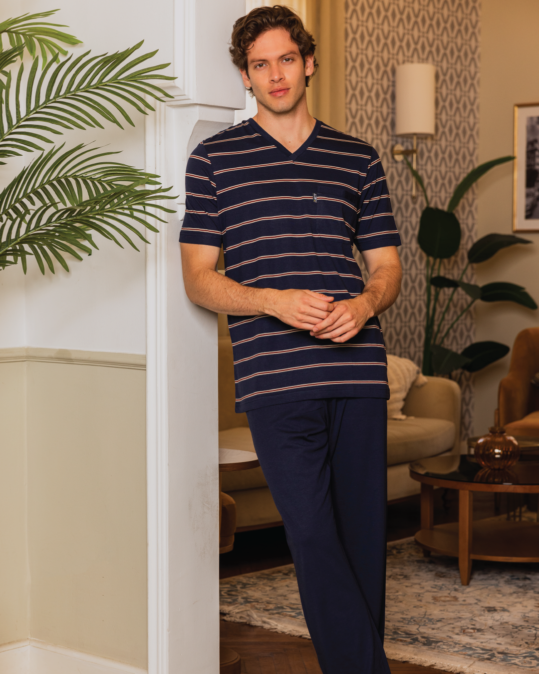 Men's pajamas, half sleeve T-shirt and striped printed trousers