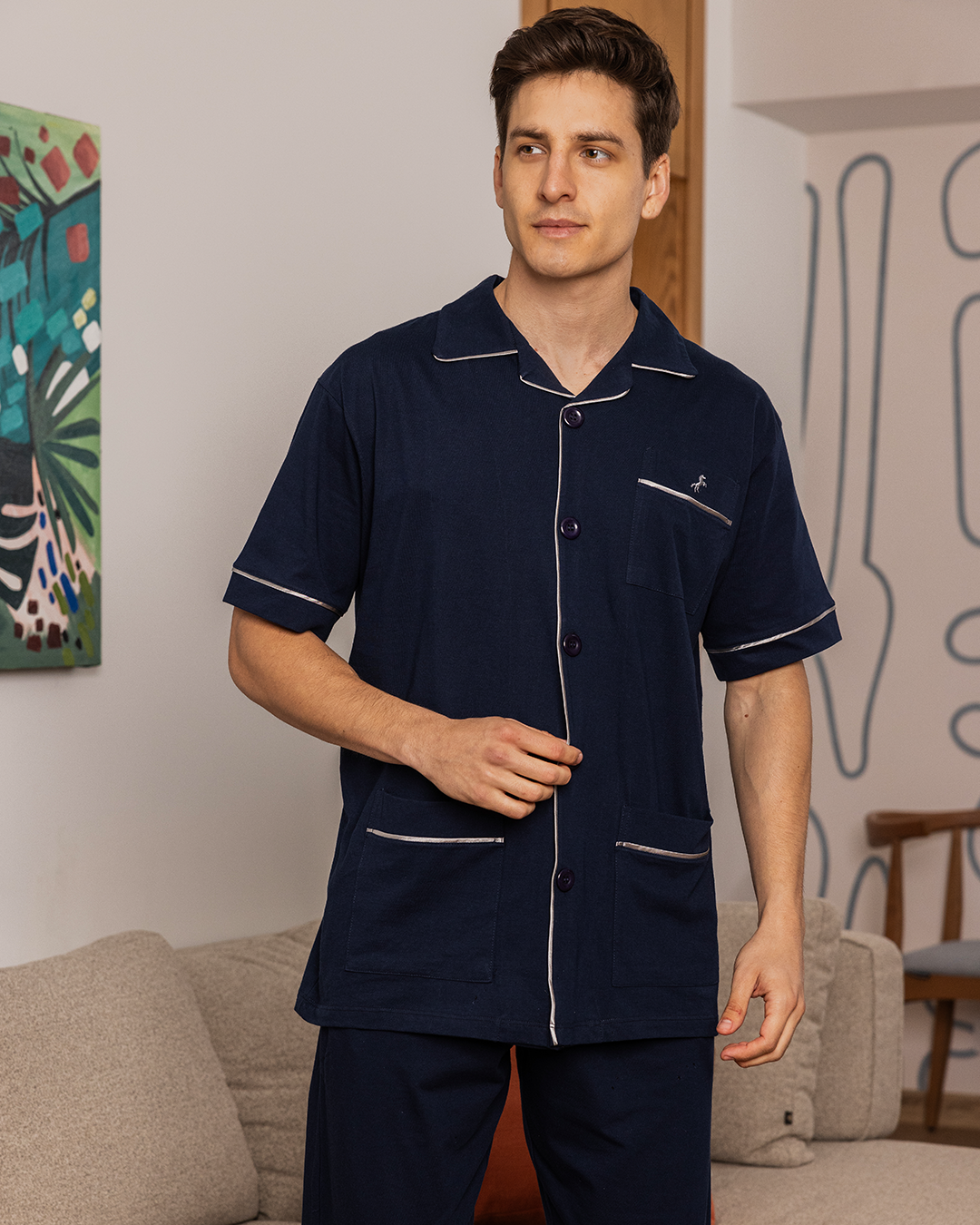 Men's pajamas with open half-sleeve buttons and horse embroidery trousers