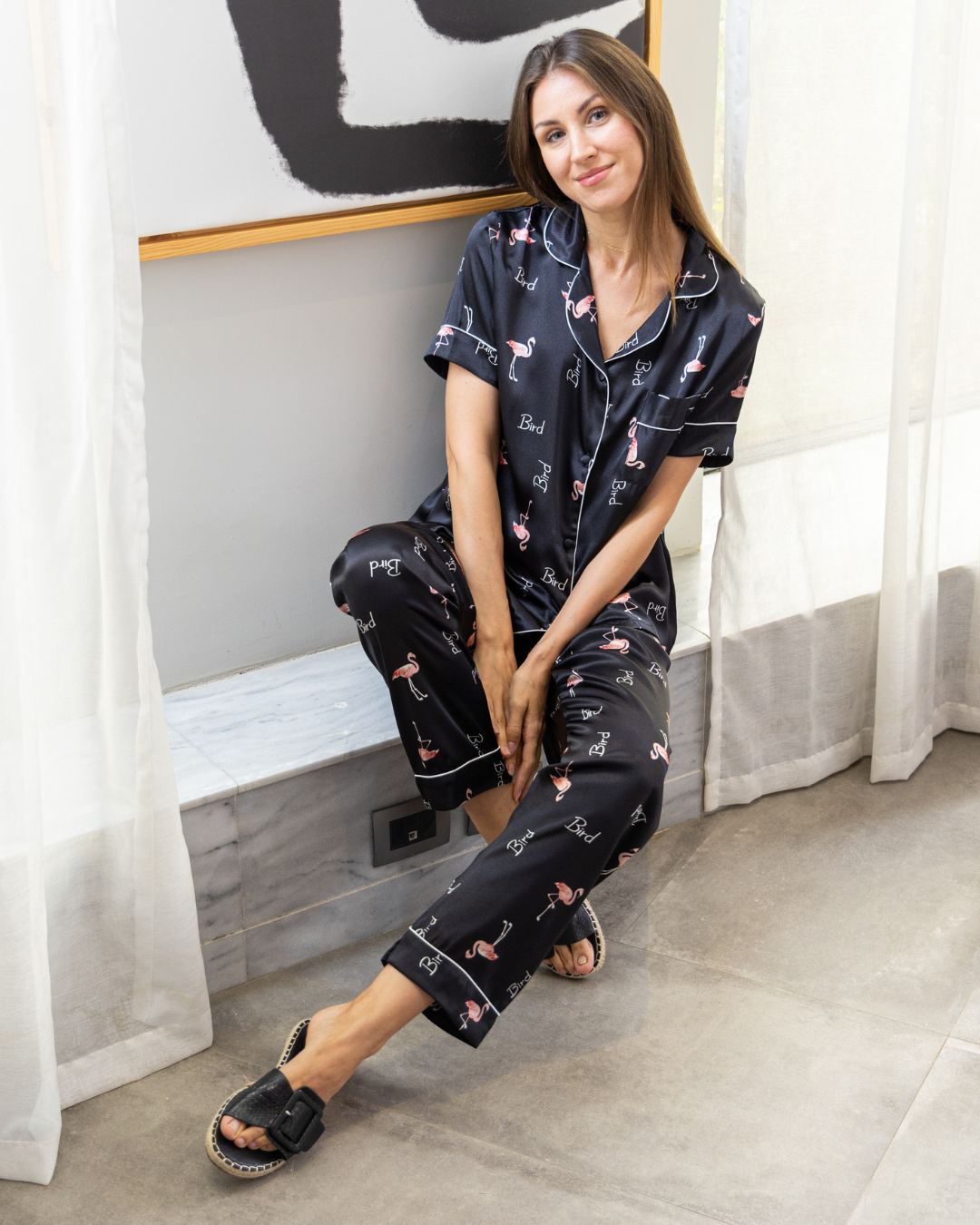 Classic women's pajamas, half sleeves, flamingo