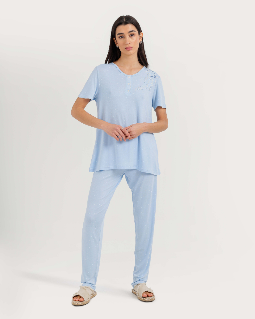 Women's Half Sleeve Pajama with Embroidered Pants