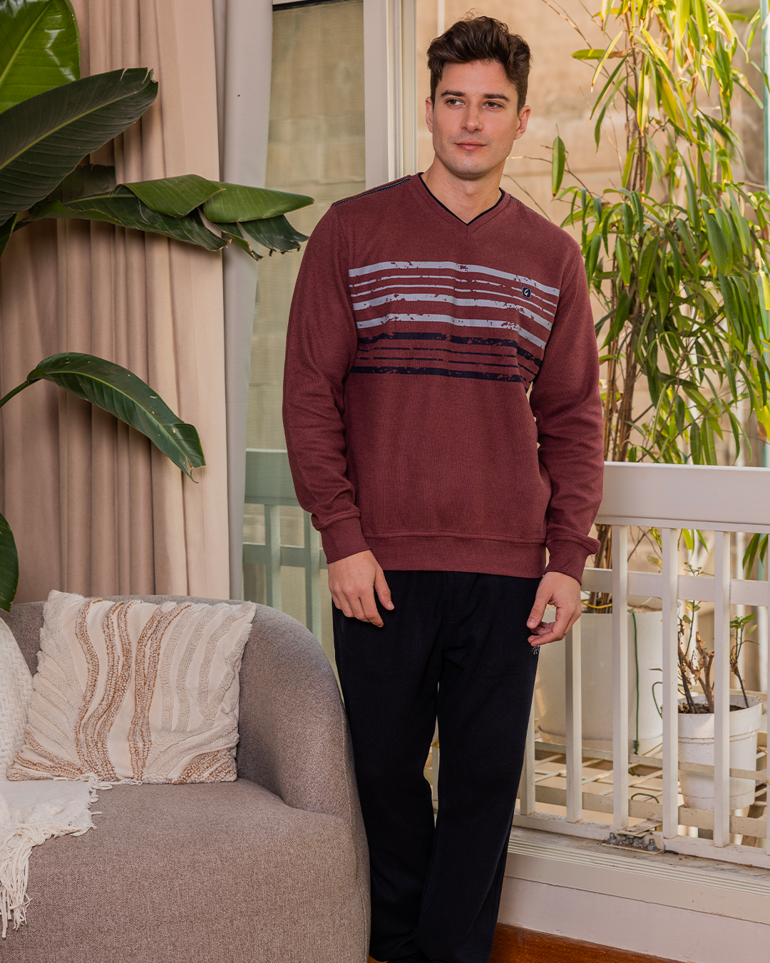 V Neck Men's Pajama Stripes on Chest