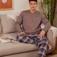 Chest pocket and V-neck check pants Men's pajamas Plain long-sleeved T-shirt with collar