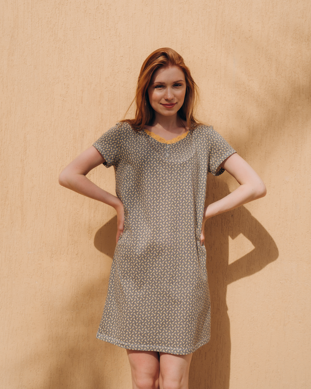 Lace printed V night shirt for women