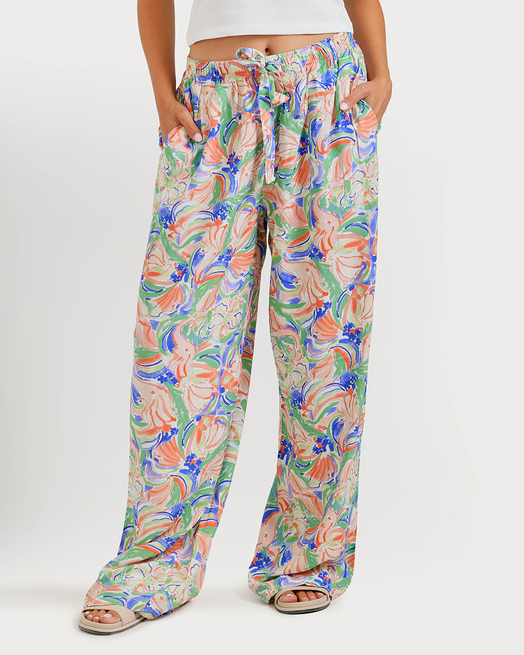 Women's viscose pants with watercolor floral pattern