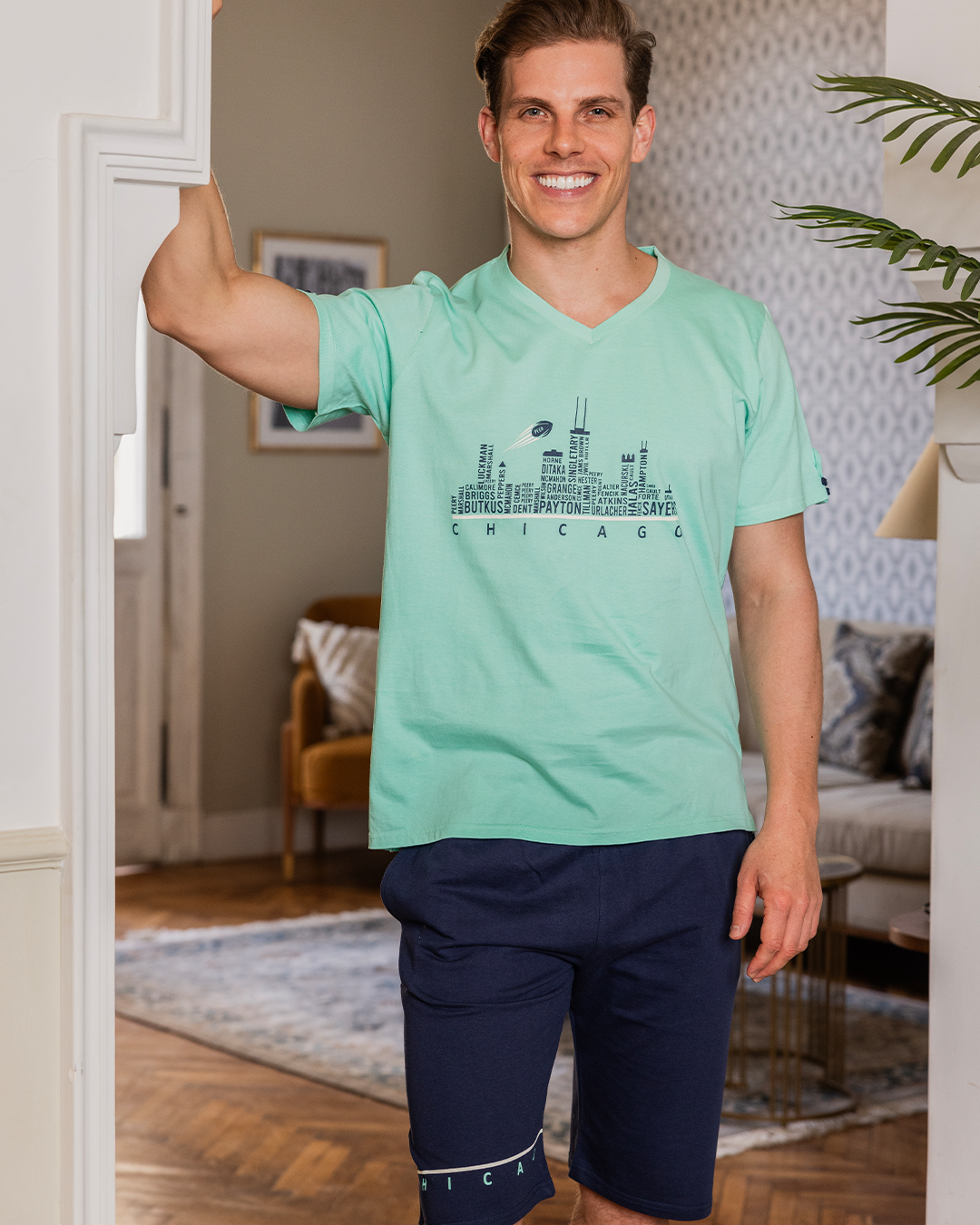 CHICAGO بيجامه رجالي شورت تيشرت نص كم رقبه سبعه طباعة