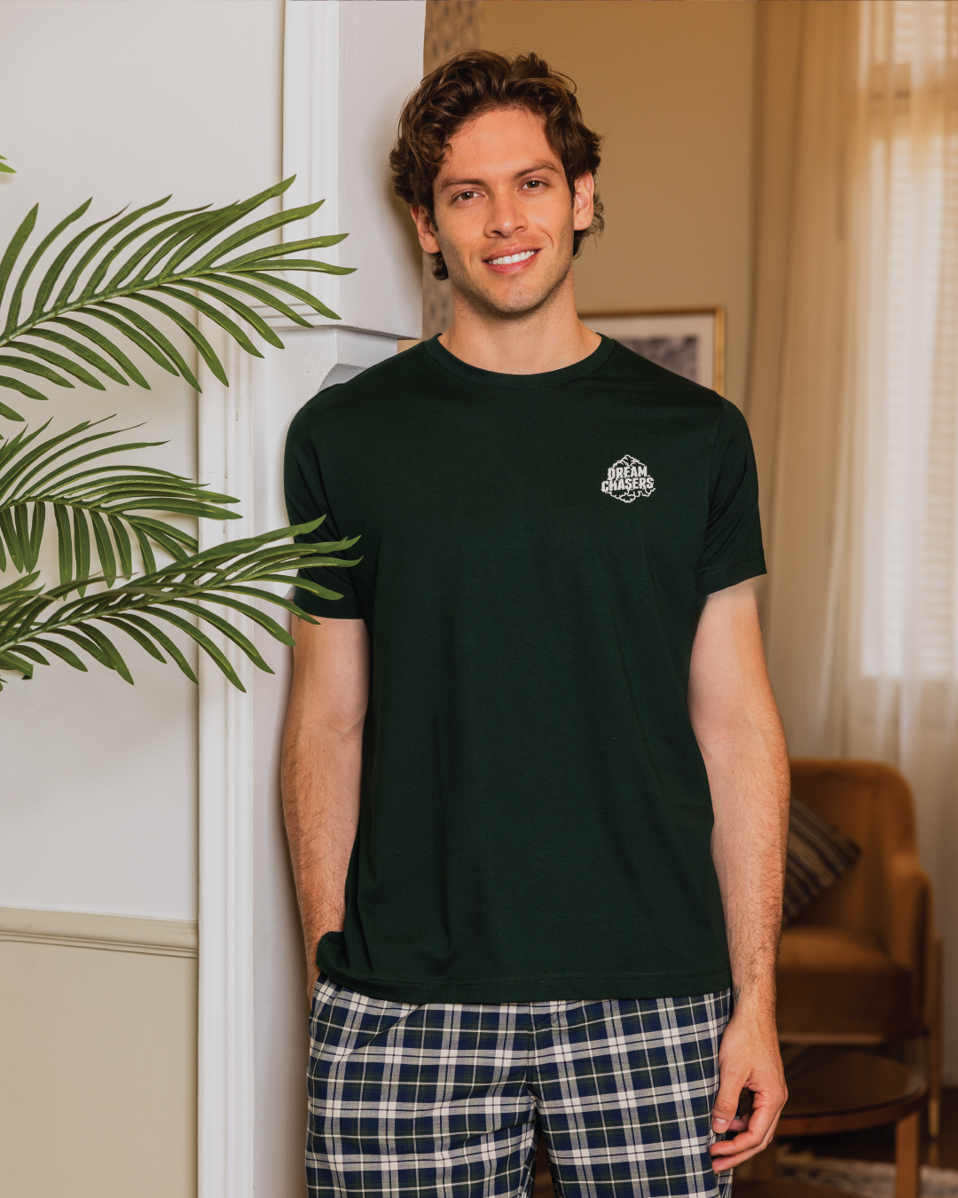 السادة Xبيجامه رجالي تيشرت نص كم رواند وشورت النسيج الكاروة