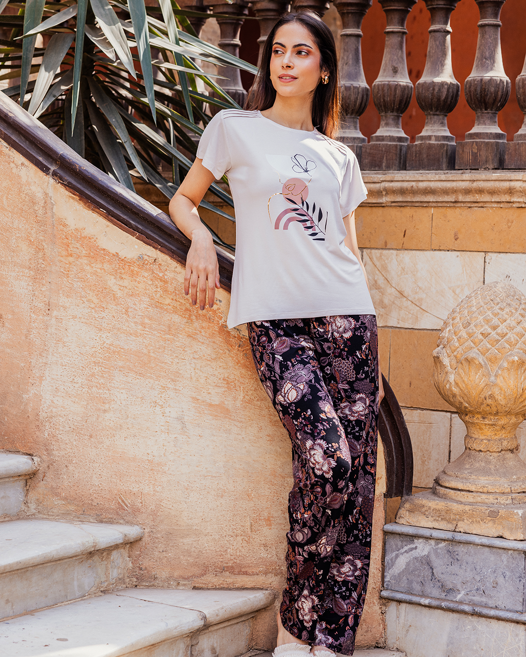 Silky pajamas, top, skirts, shoulder print, girl’s print, brick trousers