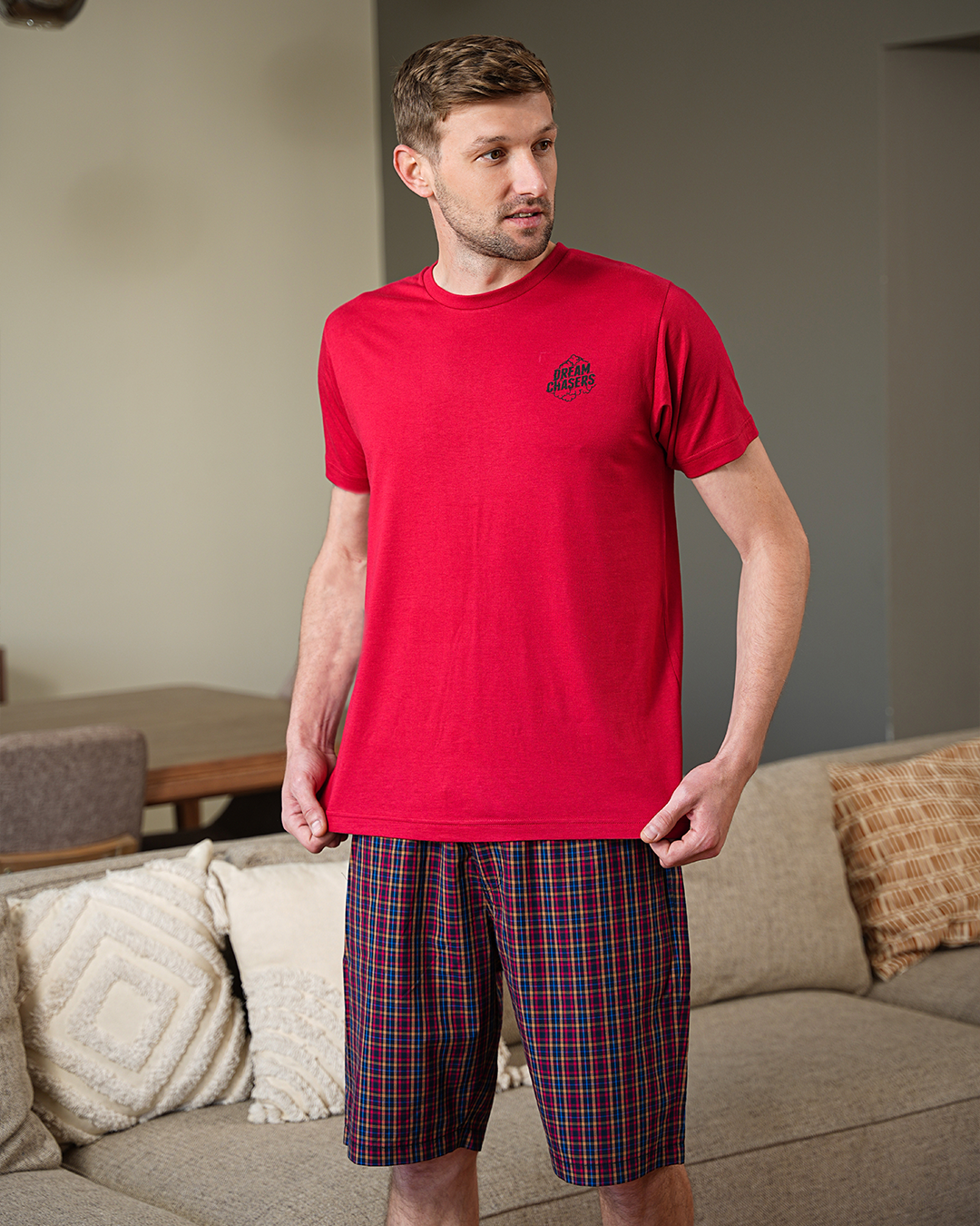 السادة Xبيجامه رجالي تيشرت نص كم رواند وشورت النسيج الكاروة