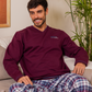 Chest pocket and V-neck check pants Men's pajamas Plain long-sleeved T-shirt with collar