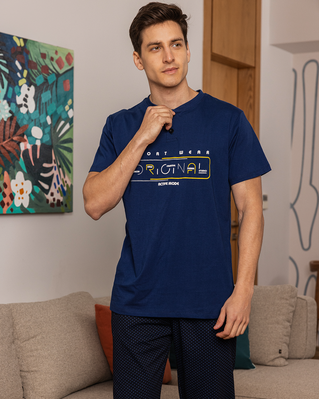 Men's half-sleeve pajamas, double-breasted polo, and rhombic rotary trousers