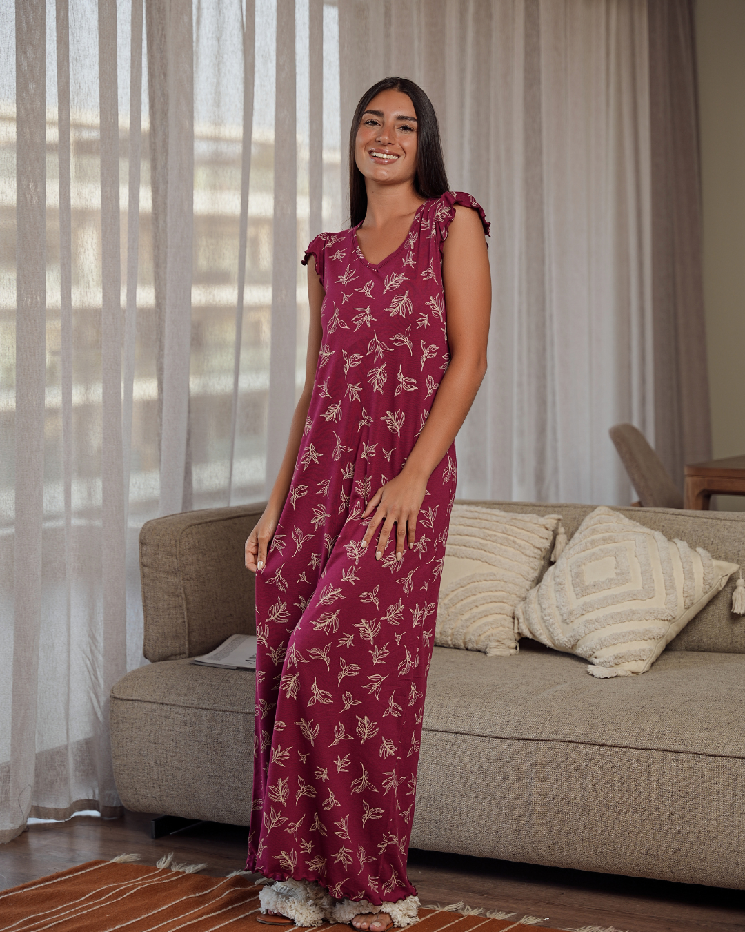 قميص حريمي نص كم رواند مطبوع ورق الشجر