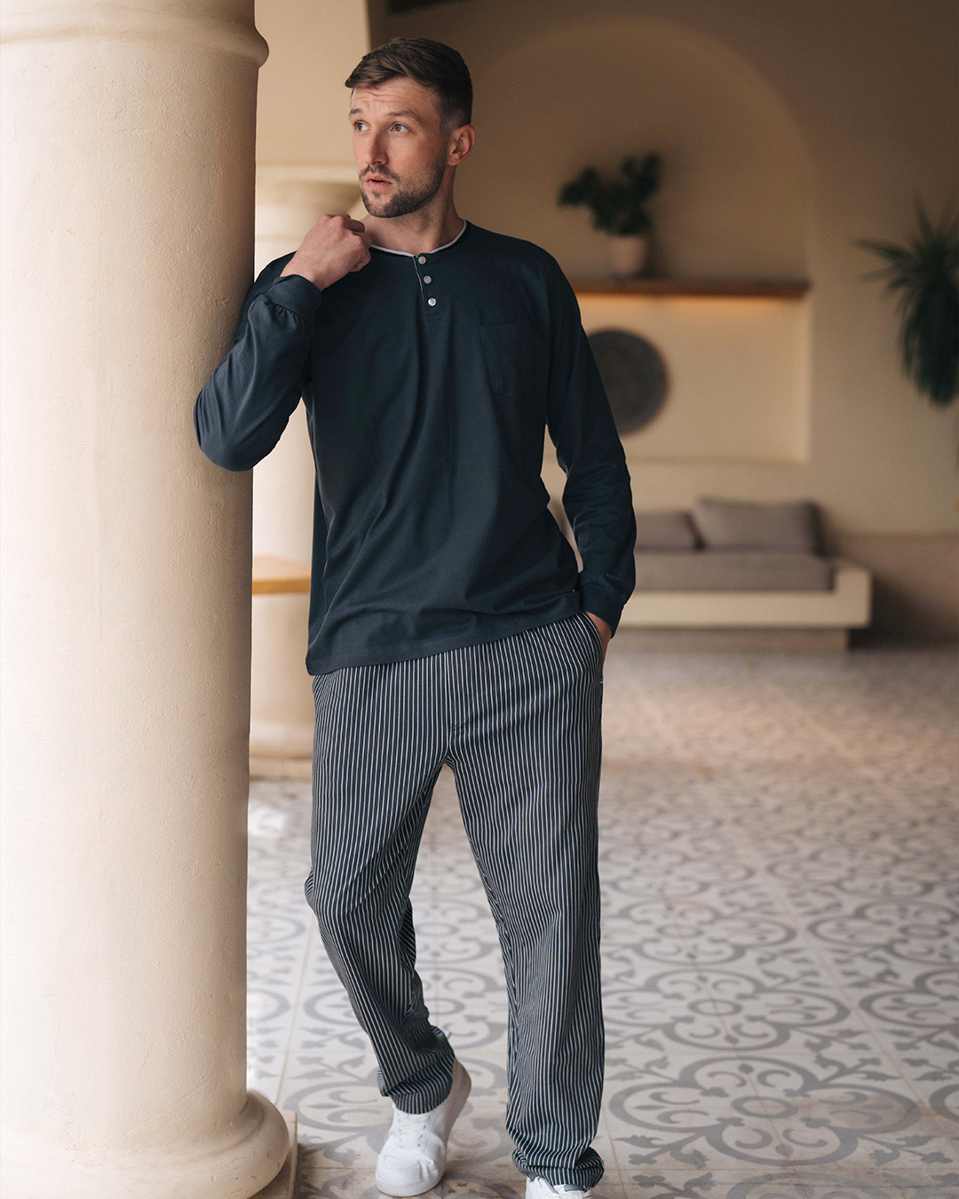 Cotton Stripe بيجاما رجالي قطن كم طويل * بنطلون سترايب