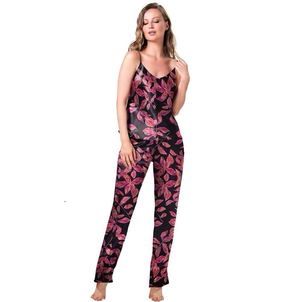 Women's satin pajamas with suspenders and floral trousers