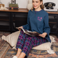 Plain women's pajamas * plaid fabric, plain long-sleeved jacket with a round neck and buttoned collar