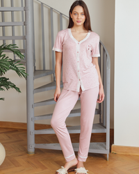 بيجاما حريمي نصف كم فتح ازرار بنطلون طويل طباعة قلوب صغيرة