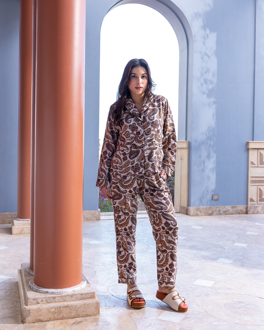 بيجاما كلاسيك بنطلون كتان مطبوع و زراير