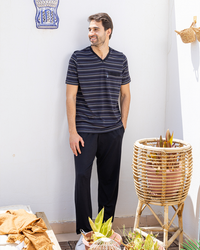 مقلم جيب صدر بنطلون ساده V بيجامه رجالي