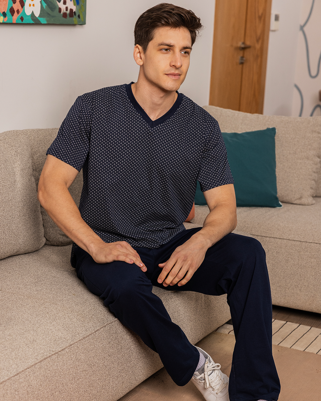 Men's pajamas, half sleeve V, rotary trousers, plain rhombuses