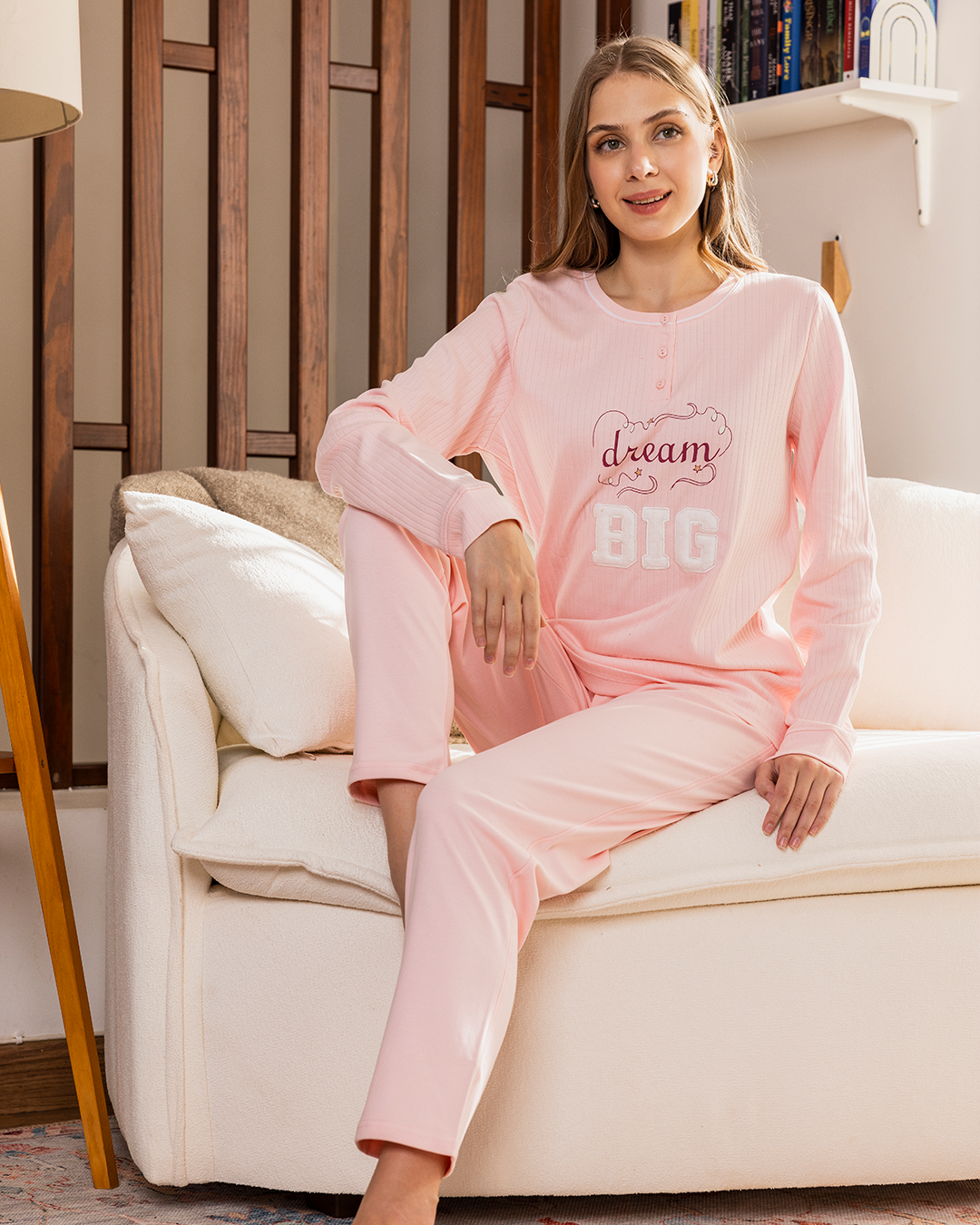 Women's long sleeve pajamas with embroidered print
