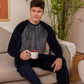 Men's pajamas, plain long-sleeved velvet T-shirt with round neck, button-down collar, embroidered chest pocket and plain pants