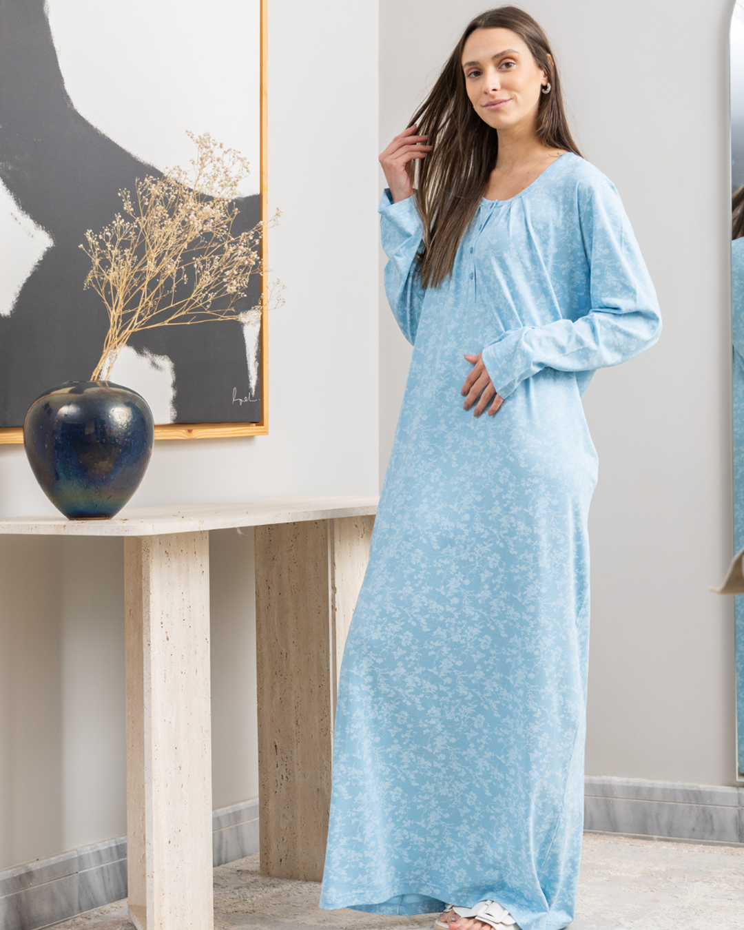 قميص نوم حريمي طويل بكم راوند بزراير طباعه فراشات