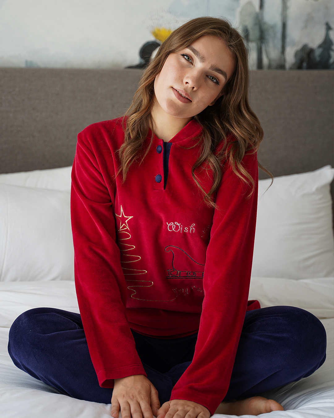 wish بيجامه حريمي مرد بولو تطريز الكريسماس