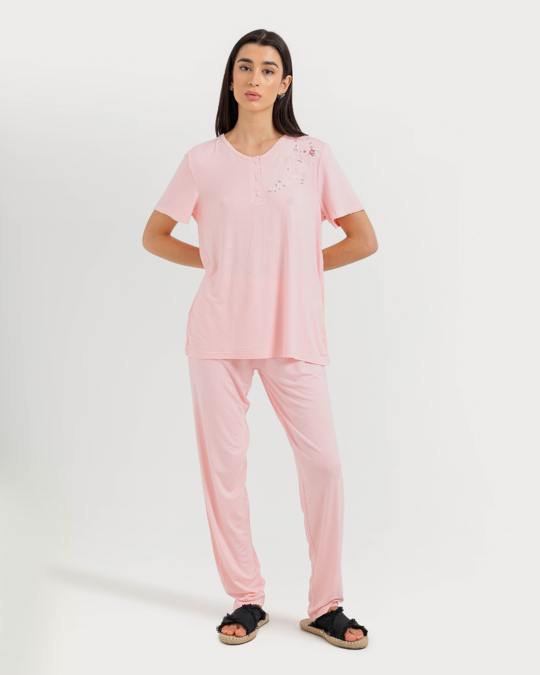 Women's Half Sleeve Pajama with Embroidered Pants