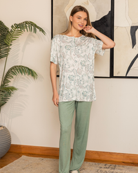 Women's half-sleeved round-neck pajamas with plain pants