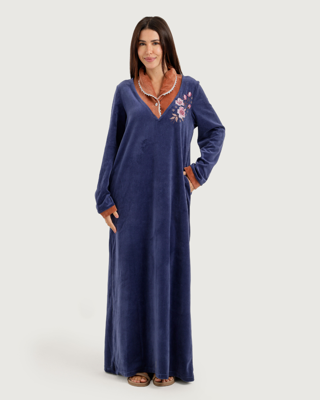 Women's Velvet Shirt with Embroidered Rose Collar