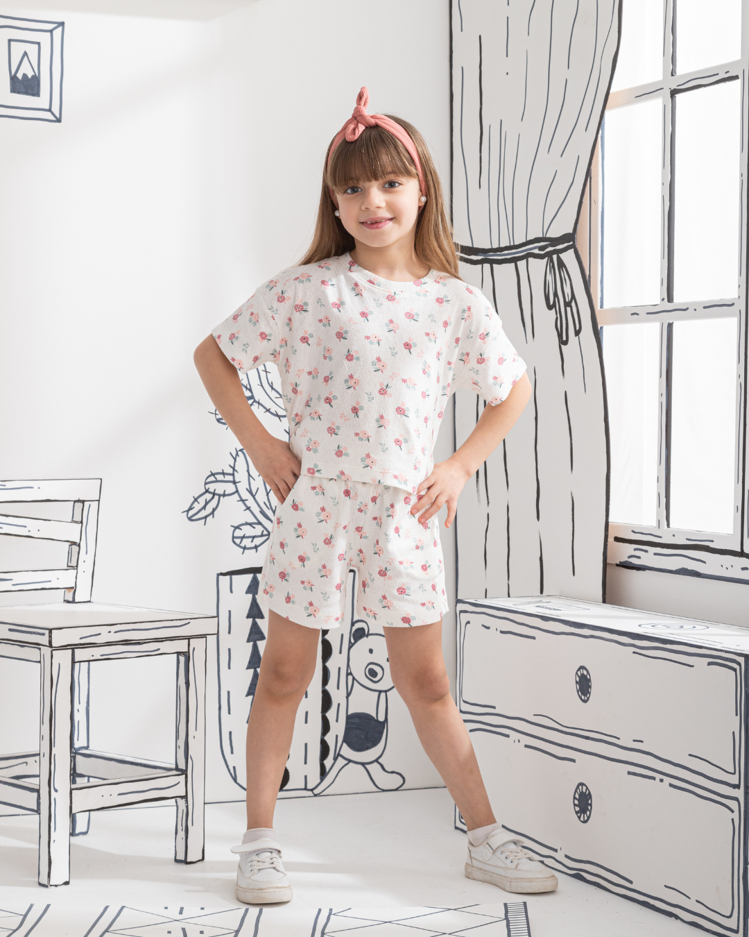 Floral Pointelle Girls' half-sleeved pajamas and shorts printed with roses